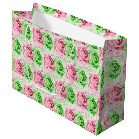 Charming Pink & Green Rose Wide Gift Bag Groot Cadeauzakje (Voorkant Gekanteld)