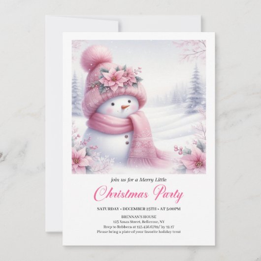 Charming Pink Snowman Editable Christmas Invite Kaart (Voorkant)