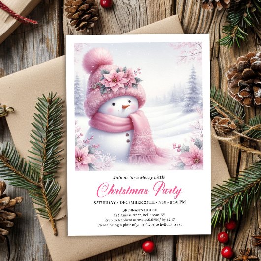 Charming Pink Snowman Editable Christmas Invite   Kaart