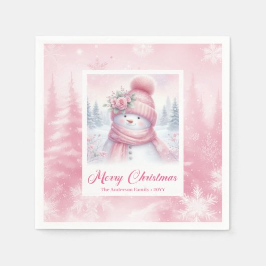 Charming Pink Snowman Kids Cozy Winter Scene Xmas Servet (Voorkant)