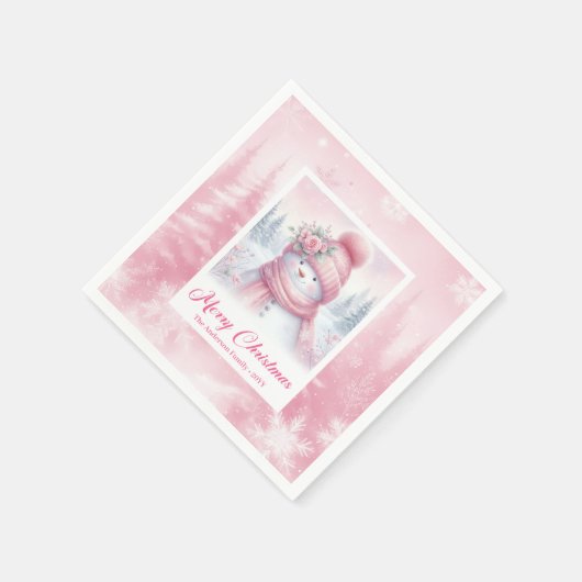 Charming Pink Snowman Kids Cozy Winter Scene Xmas Servet (Hoek)