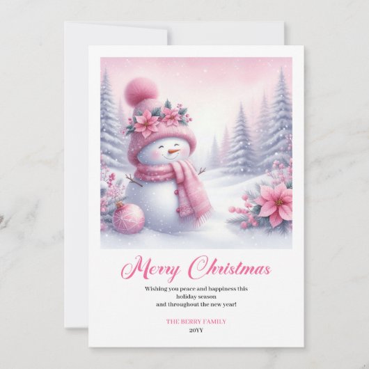 Charming Pink Snowman Kids Editable Christmas Card Feestdagenkaart (Voorkant)