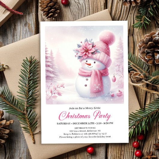 Charming Pink Snowman Kids Editable Christmas  Kaart