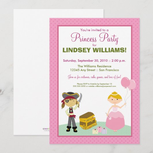 Charming Princess & Pirate Party Invitation Kaart (Voorkant / Achterkant)