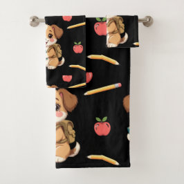 Charming puppy reading, school bag pattern  bad handdoek