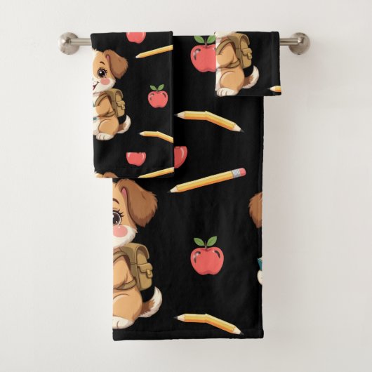 Charming puppy reading, school bag pattern bad handdoek (Insitu)