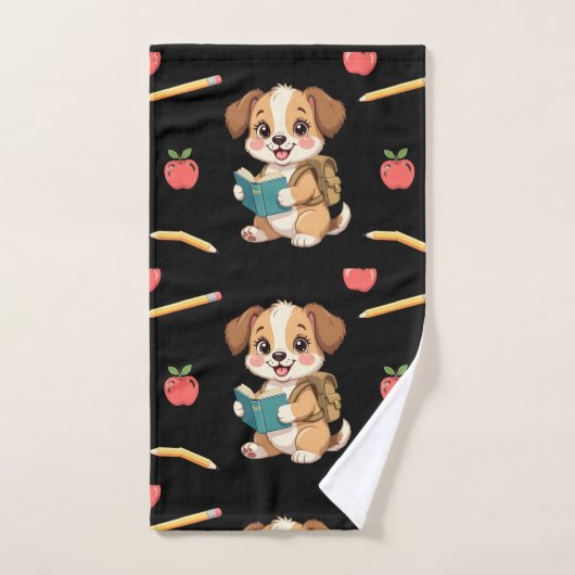 Charming puppy reading, school bag pattern  bad handdoek (Handdoek)