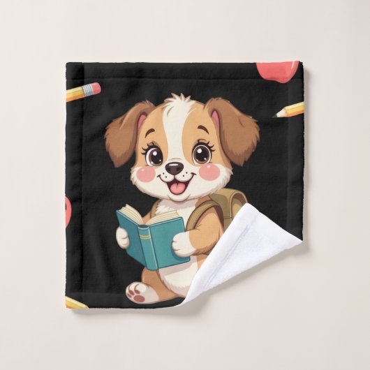 Charming puppy reading, school bag pattern bad handdoek (Wasdoekje)