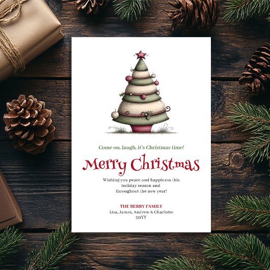 Charming Quirky Christmas Tree Watercolor Card Feestdagenkaart