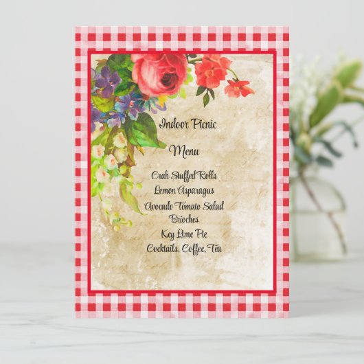 Charming Red Gingham and Flowers Menu Kaart (Staand voorkant)