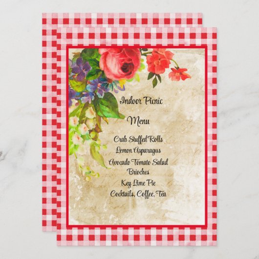 Charming Red Gingham and Flowers Menu Kaart (Voorkant / Achterkant)