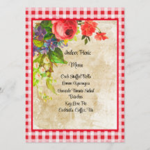 Charming Red Gingham and Flowers Menu Kaart
