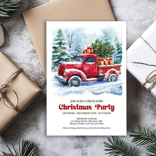 Charming red truck Christmas scene rustic invites Kaart