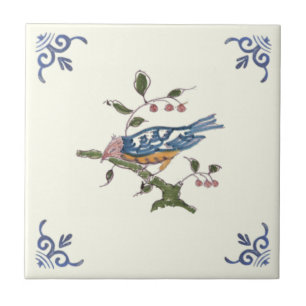 Charming Repro Delft Bird op Branch w/Berries Tegeltje