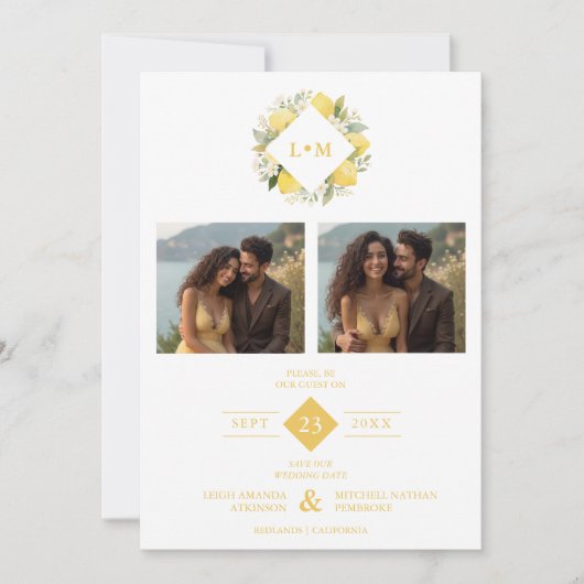 Charming Romantic Cluster Lemons Initials 2-Photos Save The Date (Voorkant)
