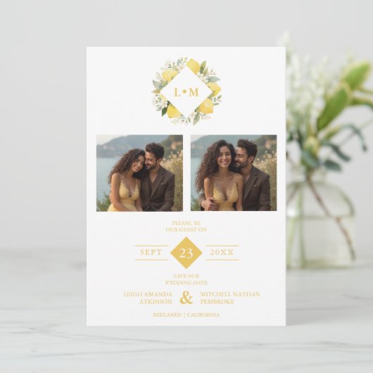 Charming Romantic Cluster Lemons Initials 2-Photos Save The Date (Staand voorkant)