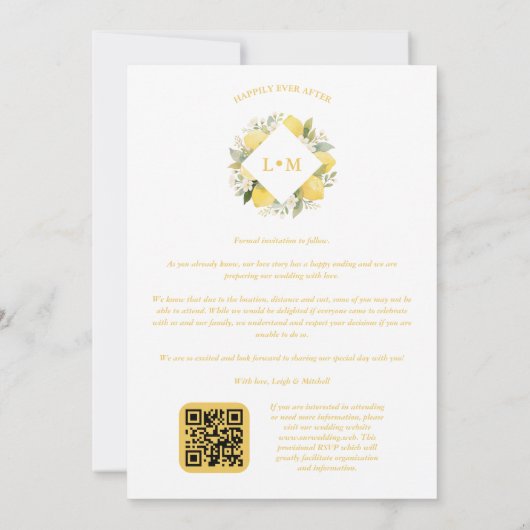Charming Romantic Cluster Lemons Initials 2-Photos Save The Date (Achterkant)