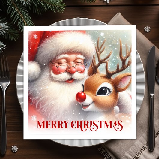 Charming Santa Rudolph Holiday Dinner Napkins Servet