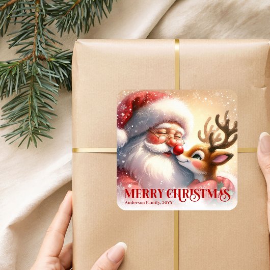 Charming Santa Rudolph Personalized Christmas Kids Vierkante Sticker