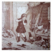 Charming Sepia Tile Boerderij Boy and Chickens Tegeltje (Voorkant)