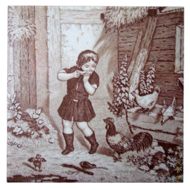 Charming Sepia Tile Boerderij Boy and Chickens Tegeltje