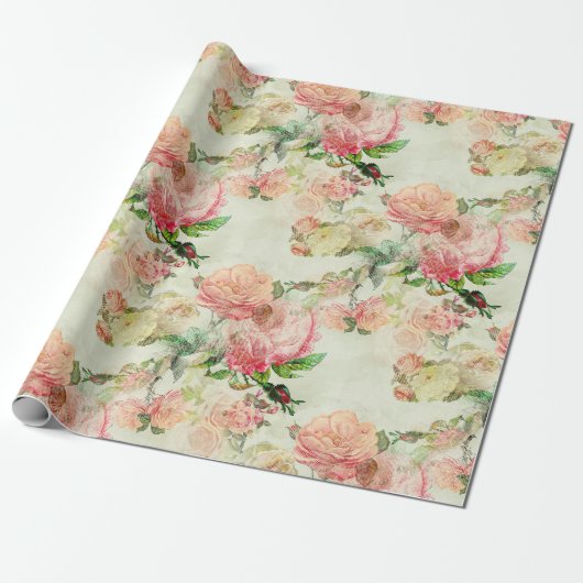 Charming Shabby Chic Pink Floral Rozen Art Patroon Cadeaupapier (Uitgerold)