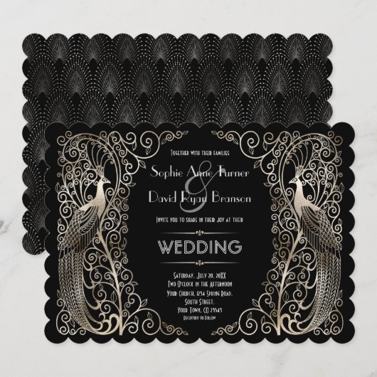 Charming Silver Art Deco Peacocks Wedding Kaart (Voorkant / Achterkant)