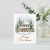 Charming Snow-Covered Christmas Farmhouse Feestdagenkaart (Staand voorkant)