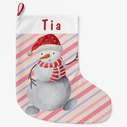 Charming Snowman Pink and Paars Striped Kerstmis Grote Kerstsok (Voorkant)