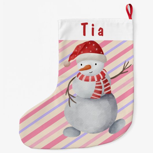Charming Snowman Pink and Paars Striped Kerstmis Grote Kerstsok (Achterkant)