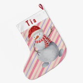 Charming Snowman Pink and Paars Striped Kerstmis Grote Kerstsok (Achterkant (Hangend))