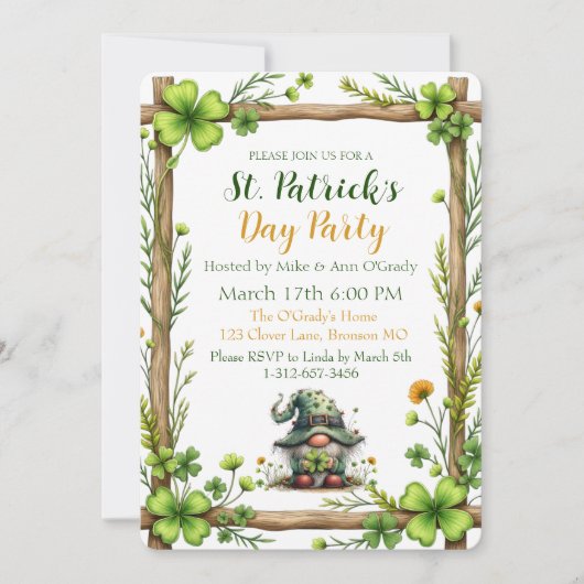 Charming Spring Clover & Gnome Invitation  Kaart (Voorkant)