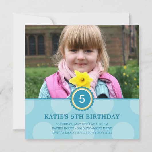 Charming Stippen Foto Birthday Invitation (blauw) Kaart (Voorkant)