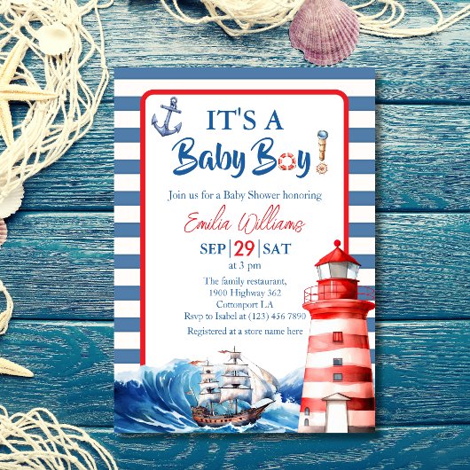 Charming Striped Blue Red Nautical Ahoy Baby Boy Kaart