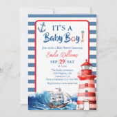 Charming Striped Blue Red Nautical Ahoy Baby Boy Kaart (Voorkant)