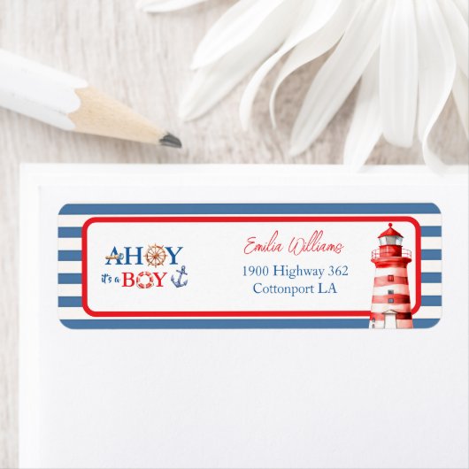 Charming Striped Blue Red Nautical Ahoy Boy Etiket (Insitu)