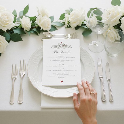 Charming Swan Pair Love Wedding drinks Menu Card