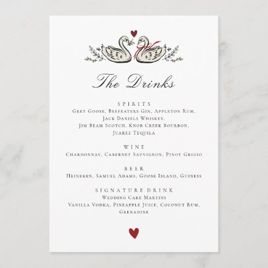 Charming Swan Pair Love Wedding drinks Menu Card (Voorkant)