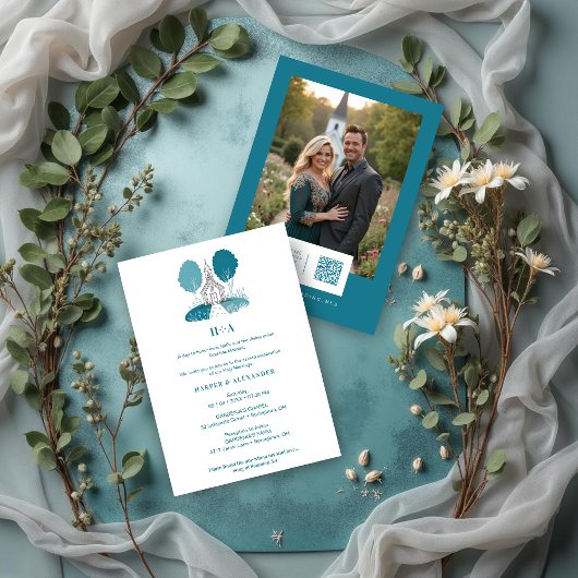Charming Teal Church Christian Wedding Kaart
