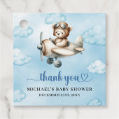 Charming Teddy Bear Pilot Blue Brown Baby Shower Bedankjes Labels (Voorkant)