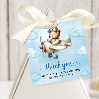 Charming Teddy Bear Pilot Blue Brown Baby Shower  Bedankjes Labels
