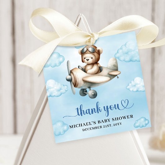 Charming Teddy Bear Pilot Blue Brown Baby Shower Bedankjes Labels