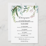 Charming Tropical Floral and Greenery Kissingmenu<br><div class="desc">Dit charmante tropische florale en groene kissenmenu is perfect voor een rustige trouwreceptie. Dit betoverende handbeschilderde ontwerp is voorzien van edele blozen,  paarse bloemen en groenbladeringen die goed zijn geordend in elegante bouquets.</div>