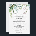 Charming Tropical Floral and Greenery Kissingmenu<br><div class="desc">Dit charmante tropische florale en groene kissenmenu is perfect voor een rustige trouwreceptie. Dit betoverende handbeschilderde ontwerp is voorzien van edele blozen,  paarse bloemen en groenbladeringen die goed zijn geordend in elegante bouquets.</div>