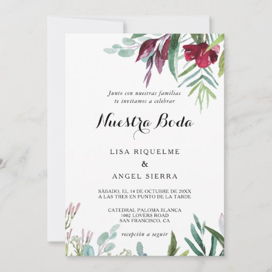 Charming Tropical Floral Greenery Spain Wedding Kaart (Voorkant)