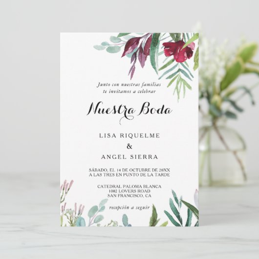 Charming Tropical Floral Greenery Spain Wedding Kaart (Staand voorkant)