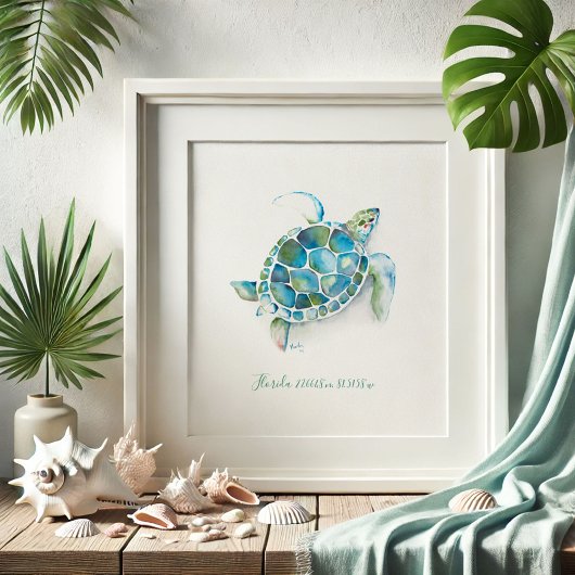 Charming Turquoise Blue Waterverf Zee Turtle Poster