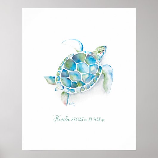 Charming Turquoise Blue Waterverf Zee Turtle Poster (Voorkant)