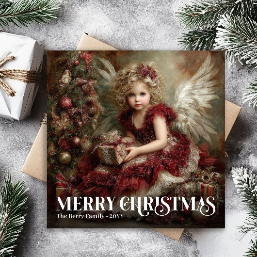 Charming Victorian Angel Deep Red Christmas Card Feestdagenkaart