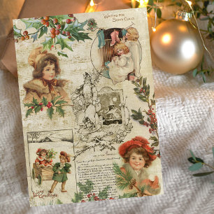 Charming Vintage Kerstmis Ephemera Collage Feestdagenkaart